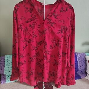 Maurices Vibrant Red Top with Black Leaf Pattern